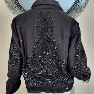 NWT~$300~TALISMAN~SZ L~BLACK BEADED SEQUIN EMBELLISHED DENIM JEAN JACKET COAT